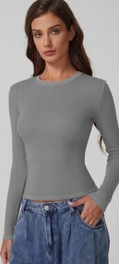 QINSEN Gray Ribbed Fitted Long Sleeve Top S